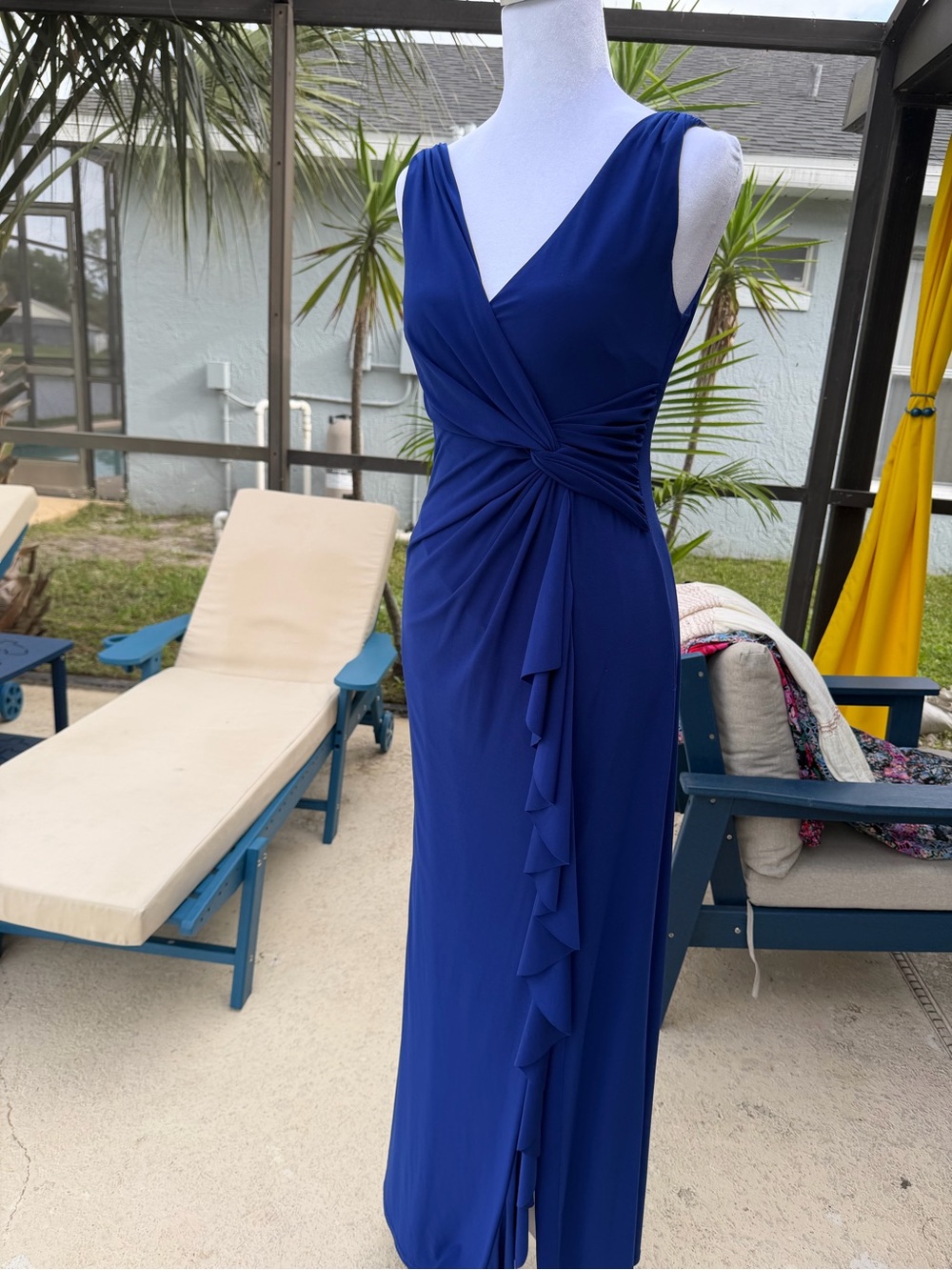 Cache Sleeveless Royal Blue Maxi Dress with Ruching and Cascading Ruffle